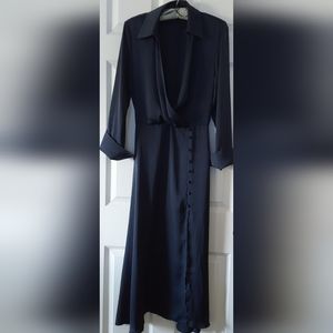 ZARA NAVY BLUE SATIN EFFECT MIDI FAUX WRAP DRESS S